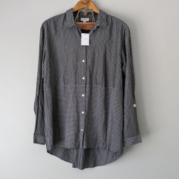 J. Jill Tunic Shirt Women's Medium T Gray White Stripe Button Up Collar New - Picture 1 of 8